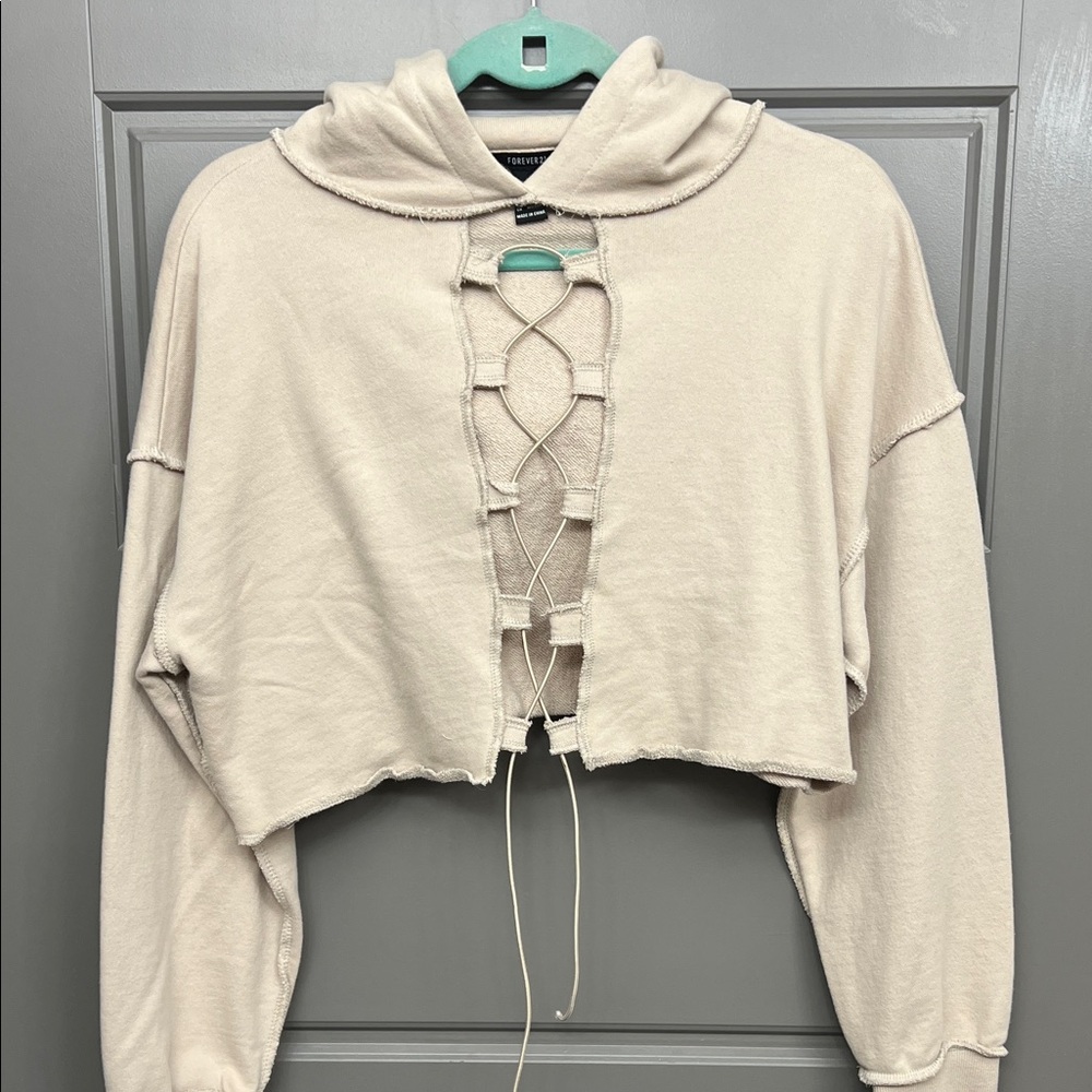 Forever 21 Cream Lace-Up Cropped Hoodie